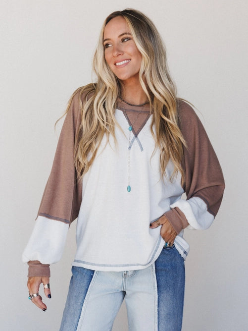 Jules Contrast Pullover Top - Off White Mocha