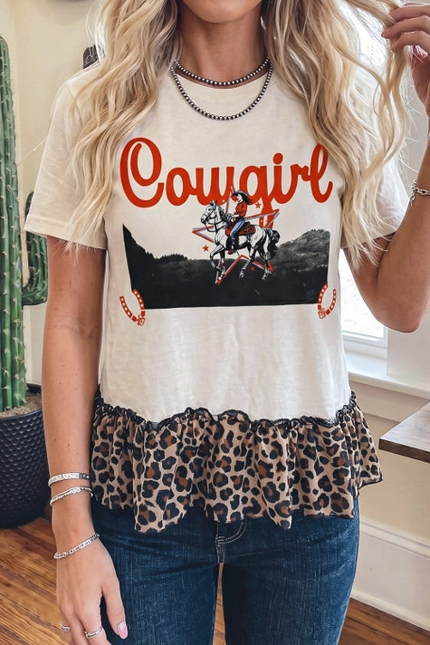 Cowgirl Leopard Patchwork Ruffle Hem Tee