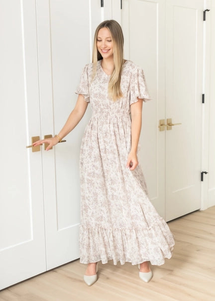 Isabella Pink Floral Cream Maxi Dress