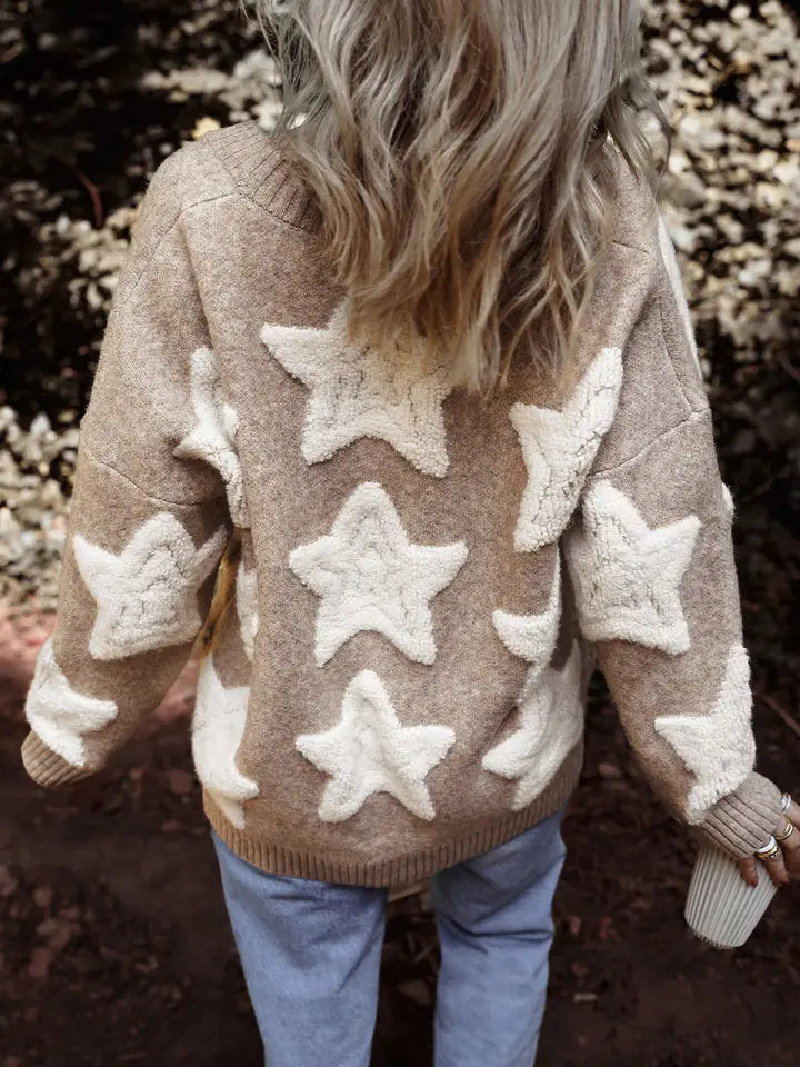 Star Sherpa Textured Buttoned Sweater Cardigan