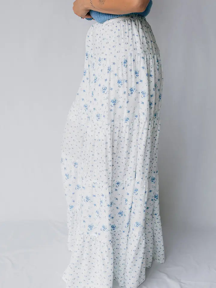 Sky Blue High Waist Tiny Floral Print Boho Maxi Skirt