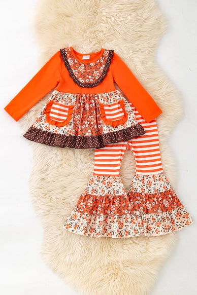 Stripe, Floral Multi-Printed Block in Orange Tone 2 Piece Set.