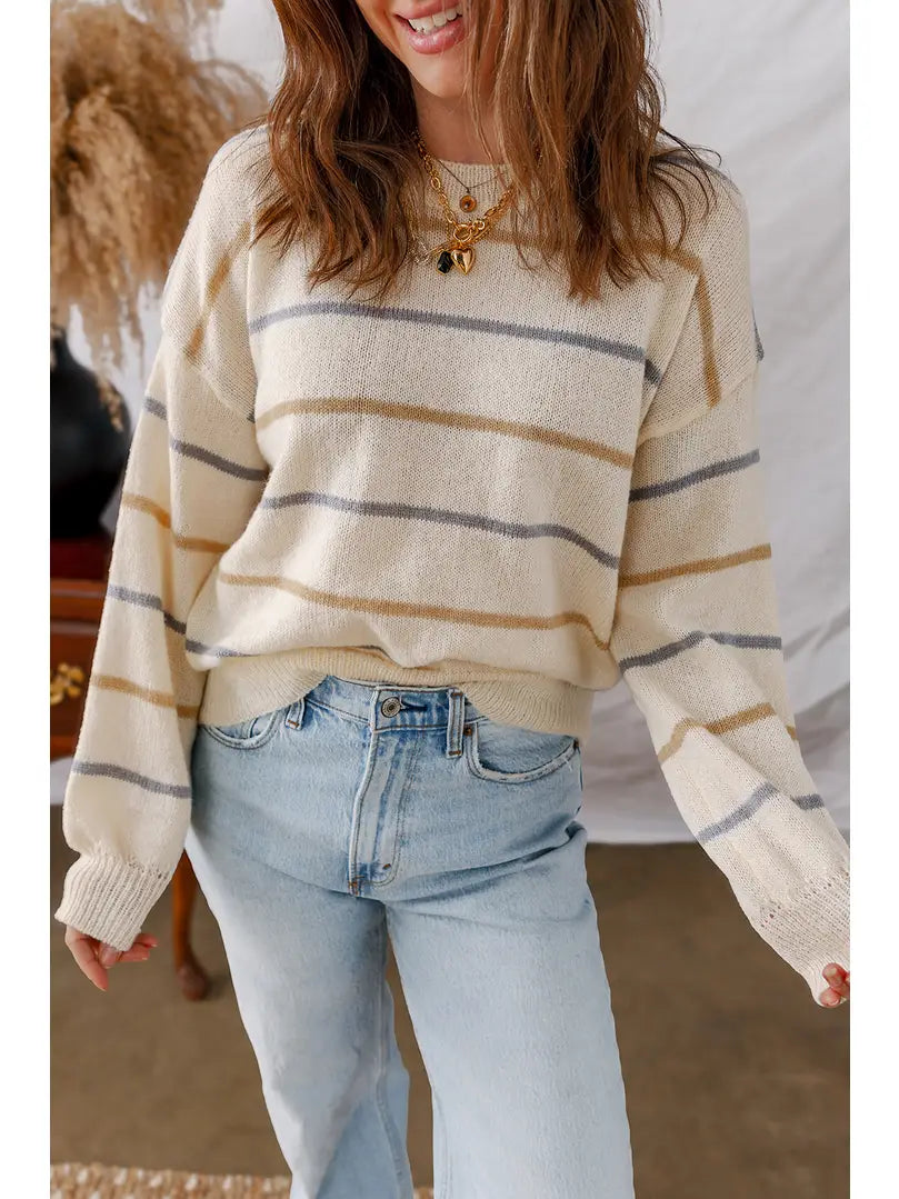 Striped Round Neck Drop Shoulder Sweater