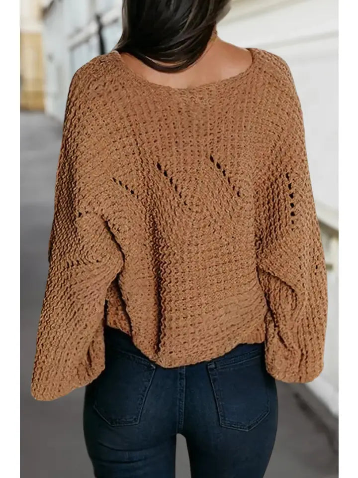 Hollowed Detail Wide Sleeve Loose Pullover Sweater