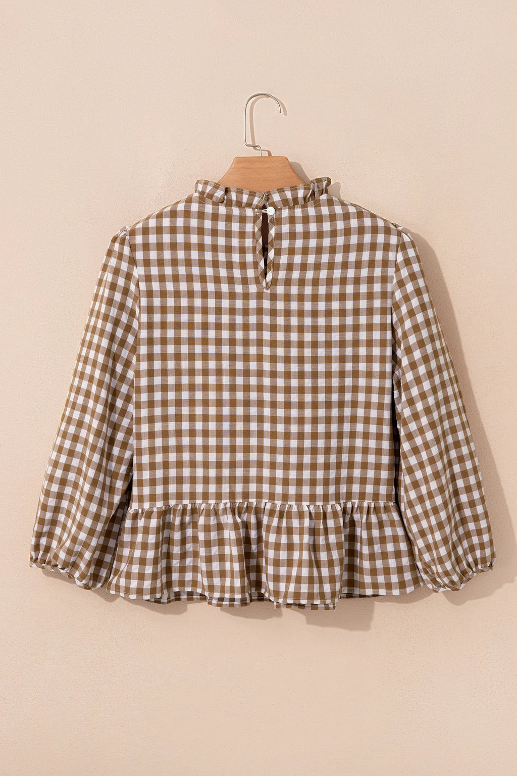Brown 3/4 Sleeve Shirred Plaid Peplum Top