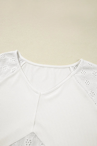 Corded Knit Patchwork Embroidered V-Neck Blouse