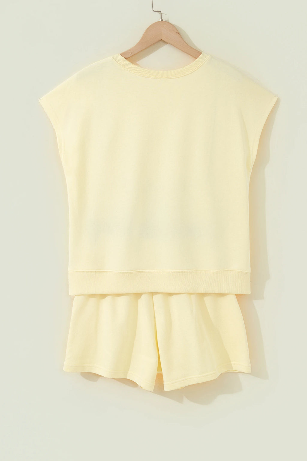 Yellow Cream Solid Color Tee Drawstring Shorts Comfy Set