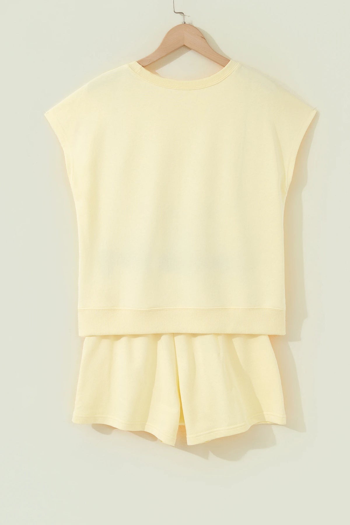 Yellow Cream Solid Color Tee Drawstring Shorts Comfy Set
