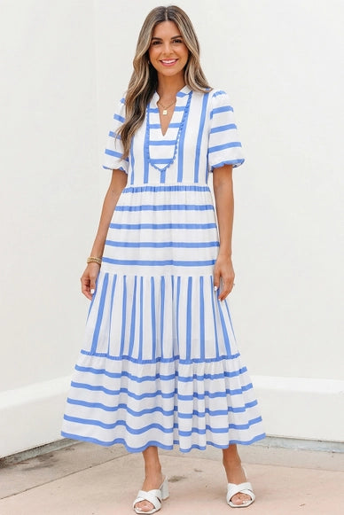 Stripe Ricrac Trim V Neck Half Sleeve Maxi Dress