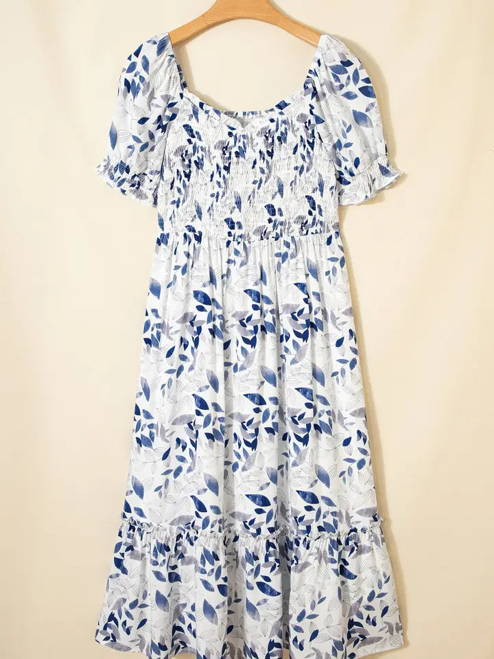 Floral Short Puff Sleeve Midi Dress