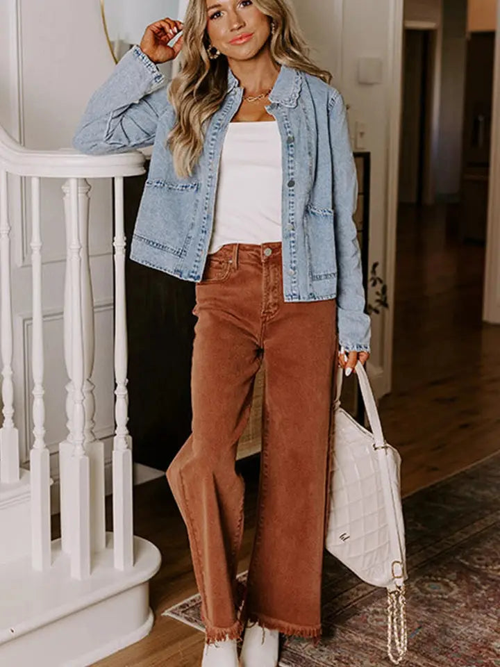 Scallop Trim Denim Jacket with Patched Pockets