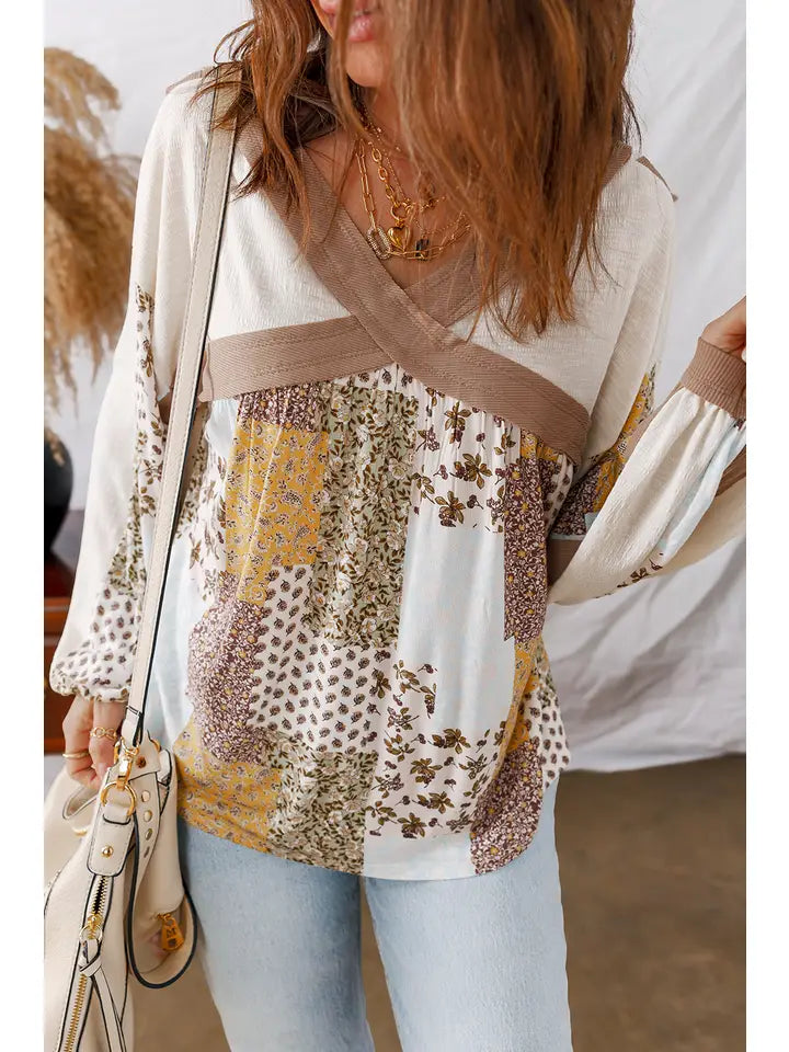 Floral Printed Cross Patchwork Long Sleeve