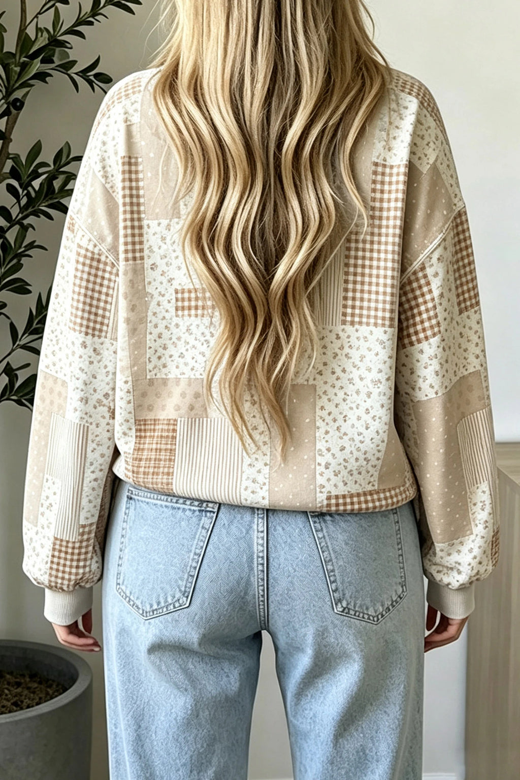 Khaki Patchwork Floral Print Mock Neck Long Sleeve Sweatshirt