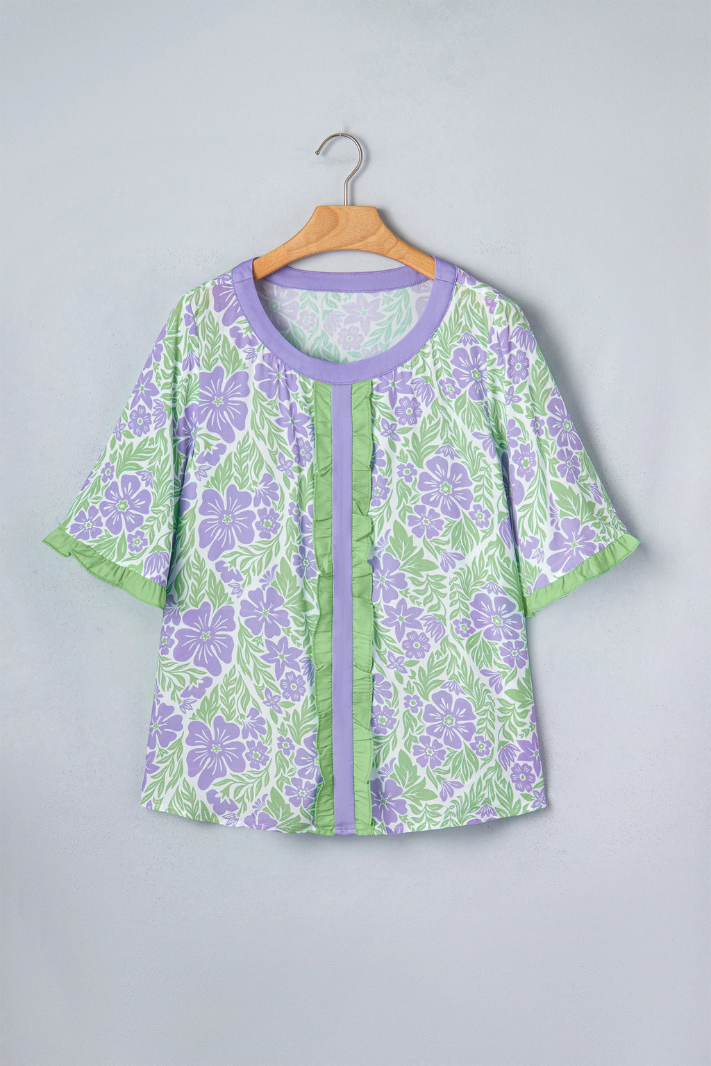 Purple Floral Print Ruffled Color Block Trim Half Sleeve Blouse