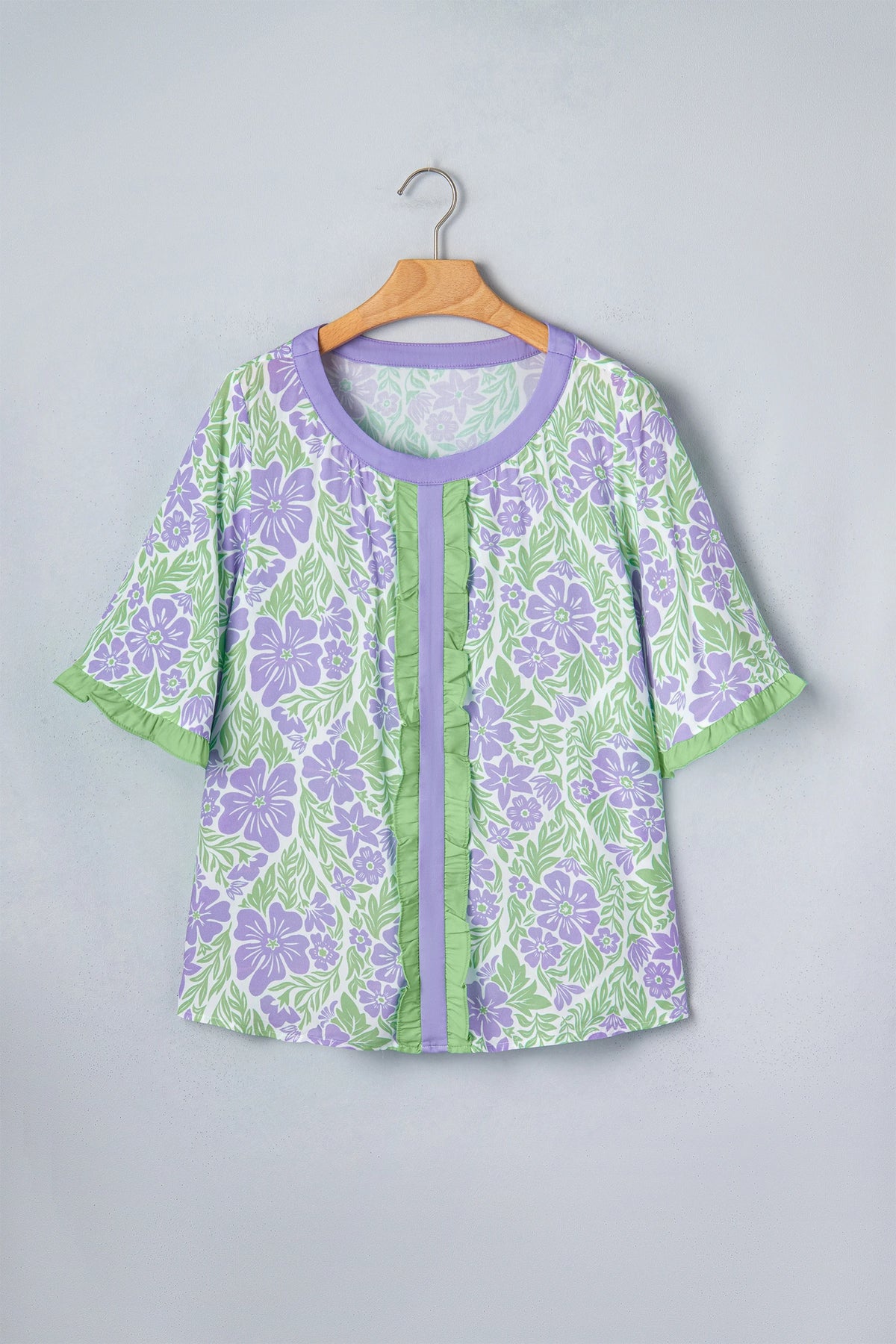 Purple Floral Print Ruffled Color Block Trim Half Sleeve Blouse