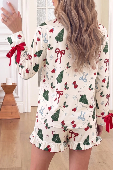 Christmas Tree Graphic Bow Ruffle Cuff Lounge Set