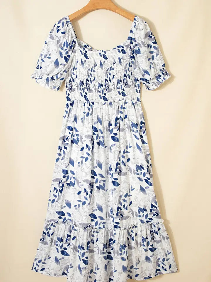 Floral Short Puff Sleeve Midi Dress
