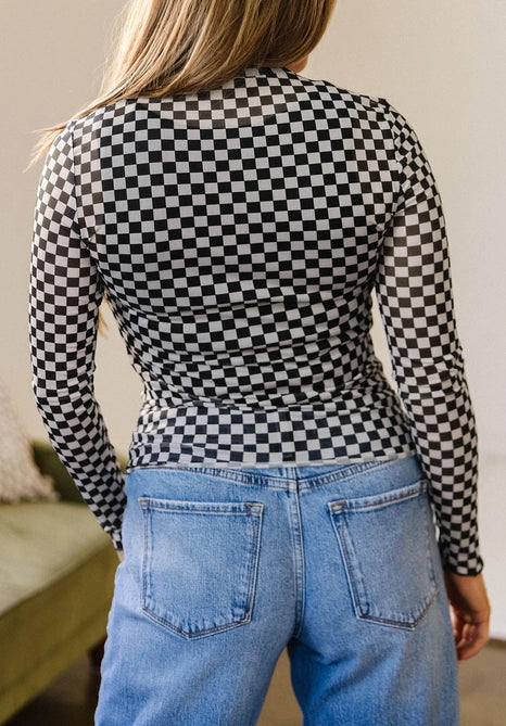 Plaid Stand Neck Long Sleeve Mesh Layering Top