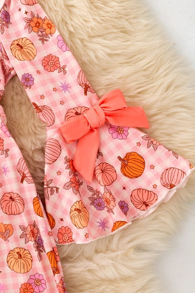 Pumpkin Printed On Pink Dress w/ Bell Sleeves