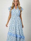 Floral Ruffle Trim Flutter Sleeve Maxi Dress