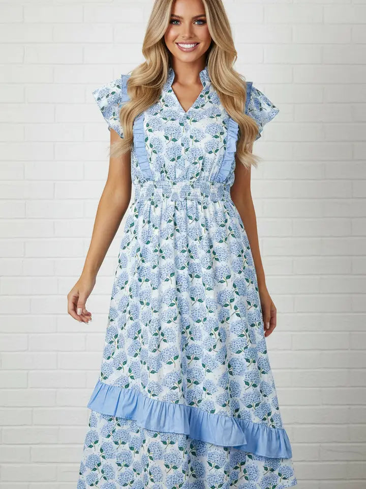 Floral Ruffle Trim Flutter Sleeve Maxi Dress