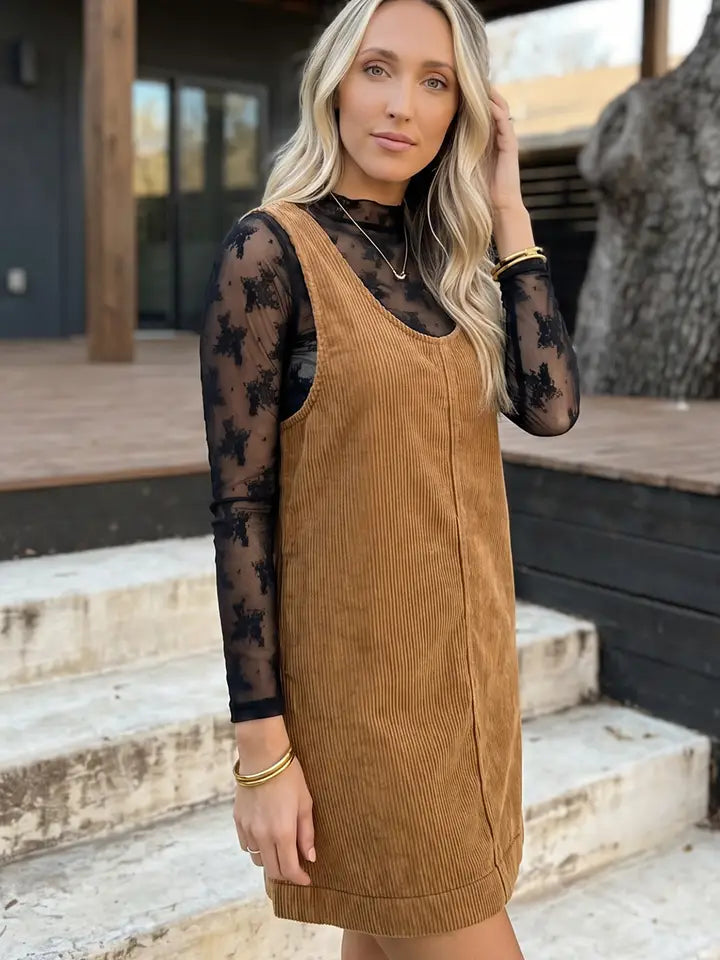 Corduroy Sleeveless Mini Dress with Patched Pockets