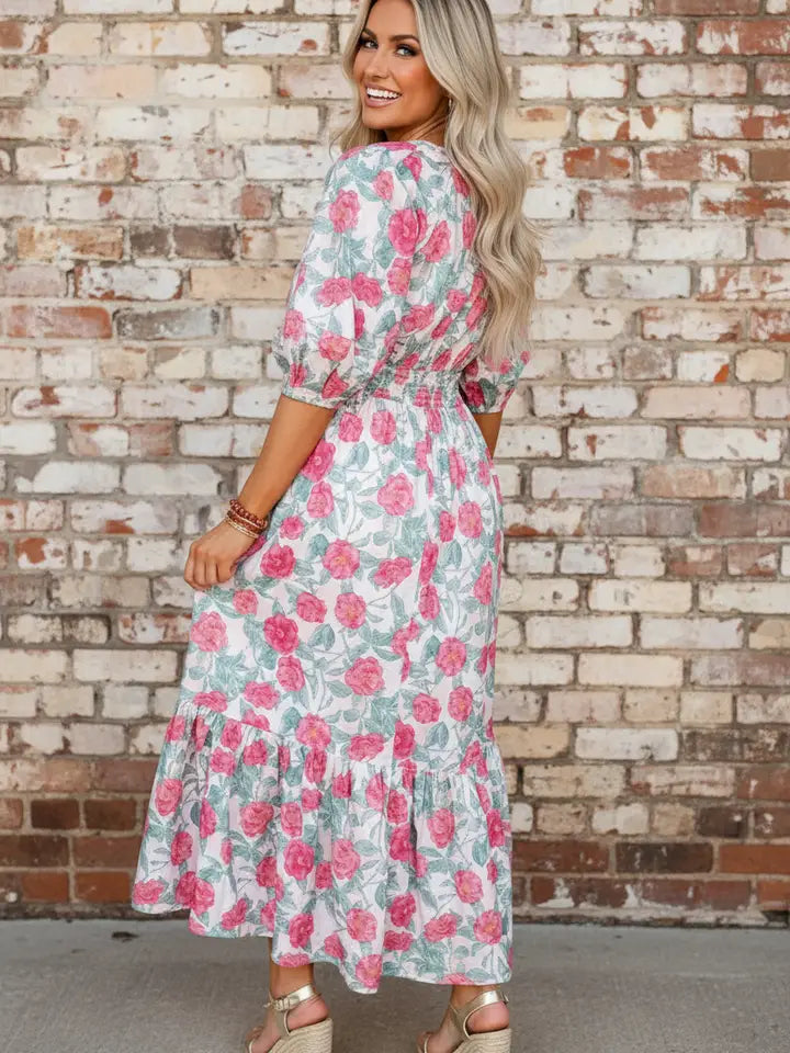 Floral Puff Sleeve Midi Dress