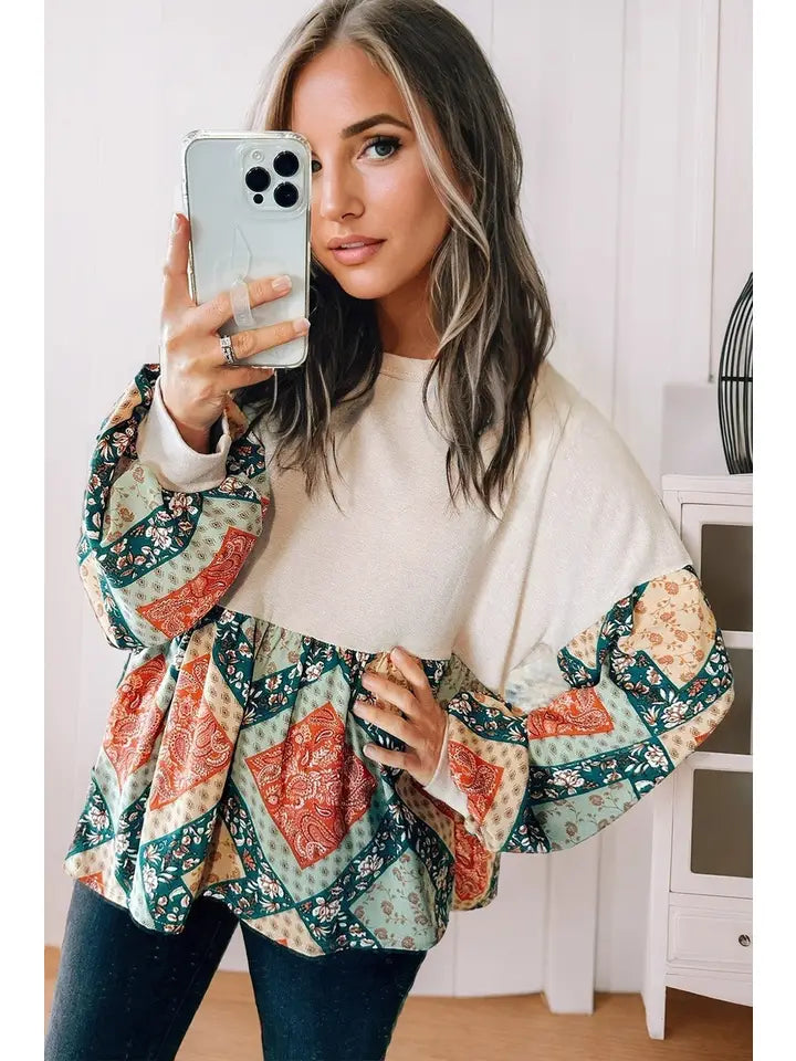 Paisley Geometric Patchwork Long Sleeve Top