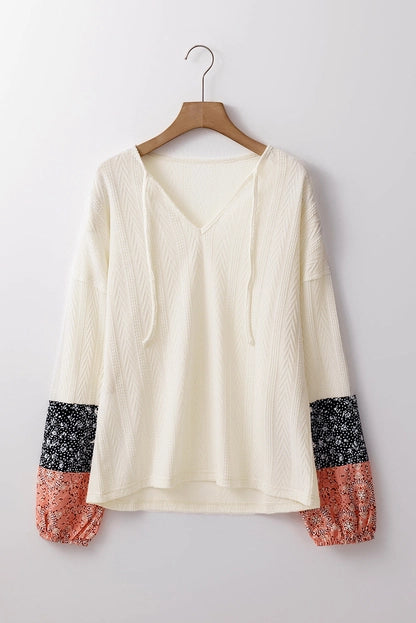Floral Patchwork Textured Knit Drawstring V-Neck Blouse