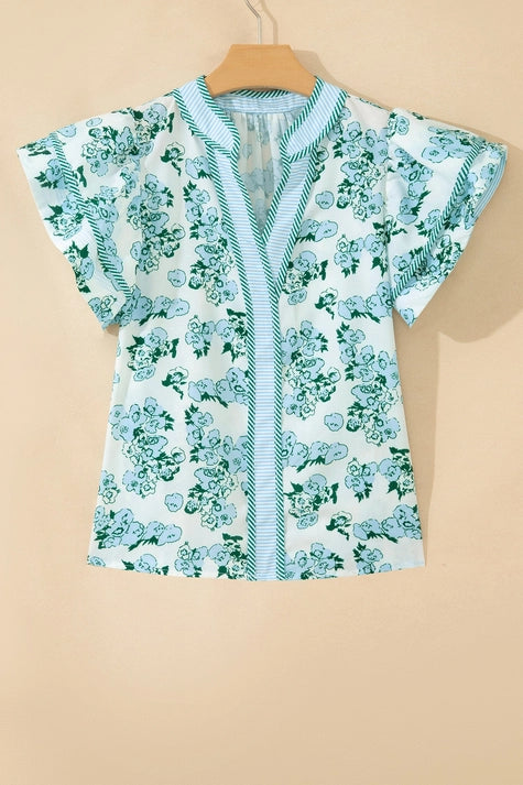 Floral Striped Flutter Sleeve Blouse