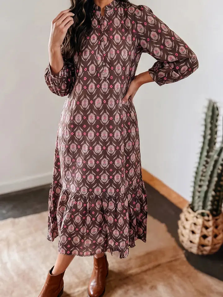 Floral Button Front Ruffle Hem Midi Dress