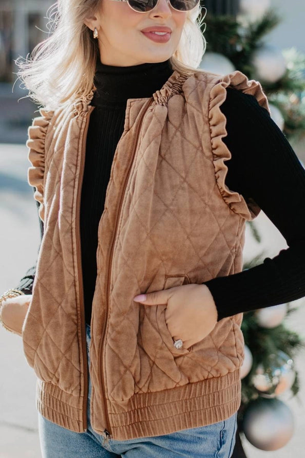 Garment Washed Quilted Ruffle Sleeve Vests
