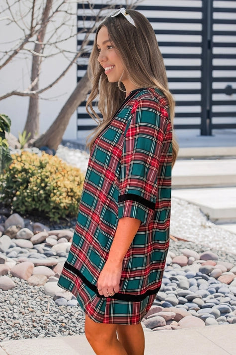 Christmas Plaid Print Velvet Trim Pockets Dress