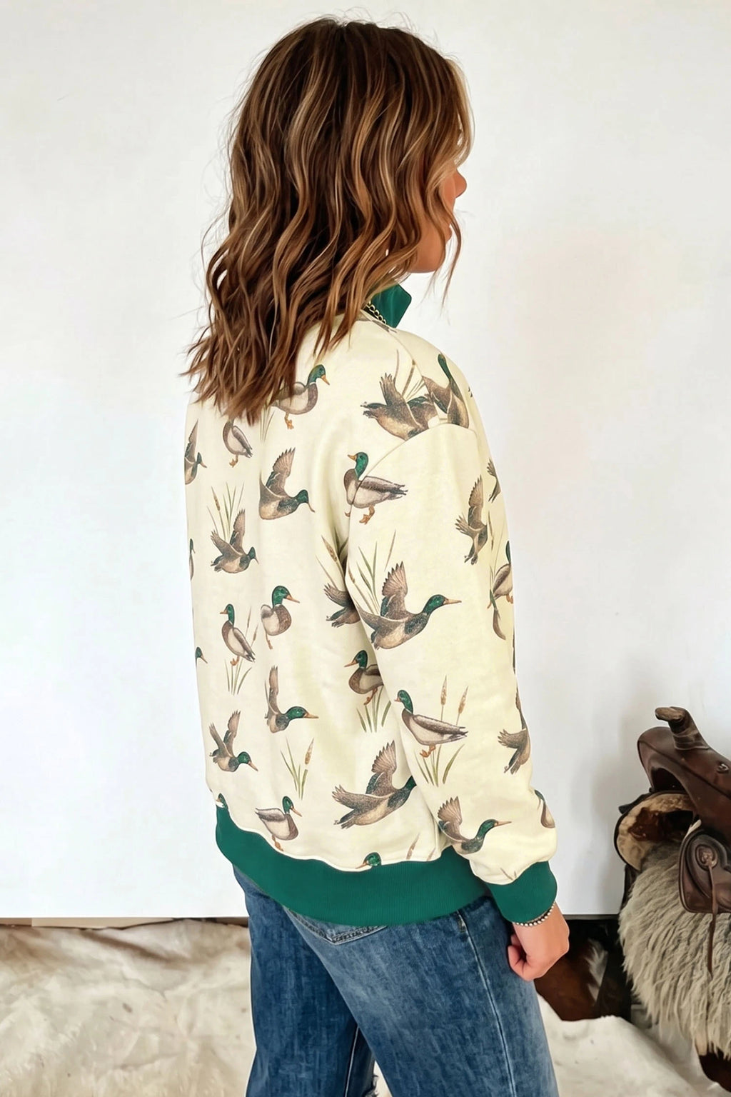 Mallard Print Patchwork Colorblock High Neck Sweatshirt