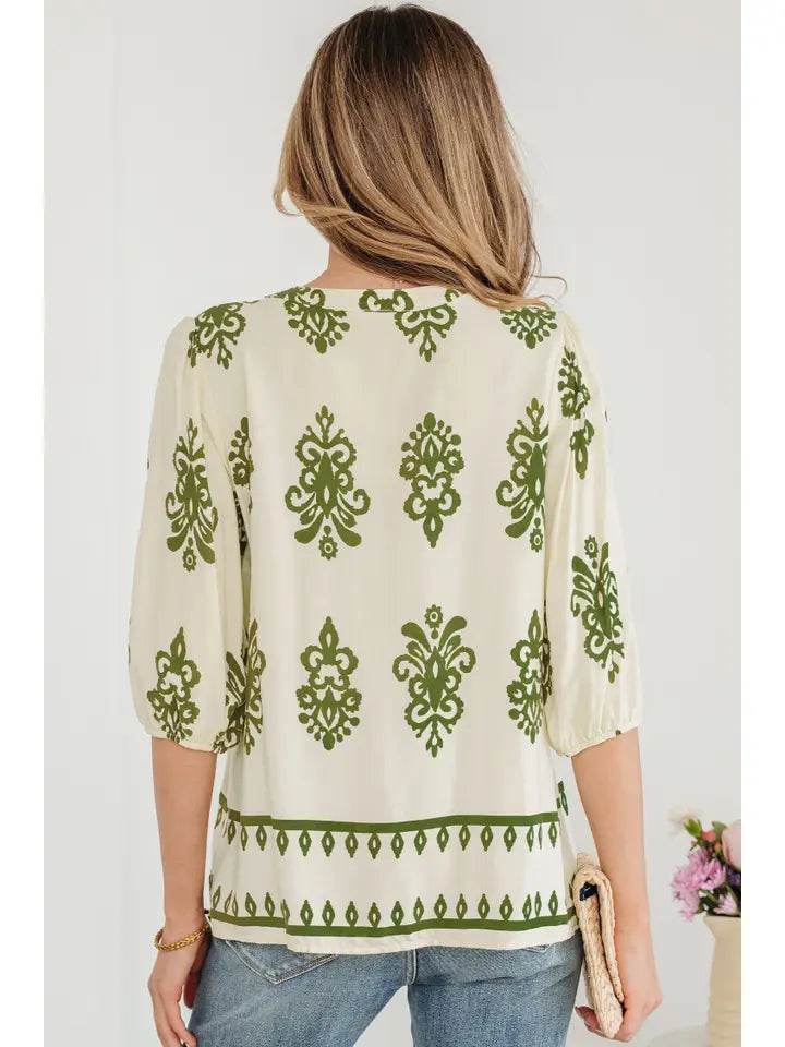 Boho Abstract Tie V-Neck Puff Sleeve Shirt