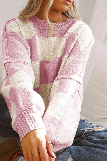 The Mandy | Checkered Bishop Sleeve Sweater
