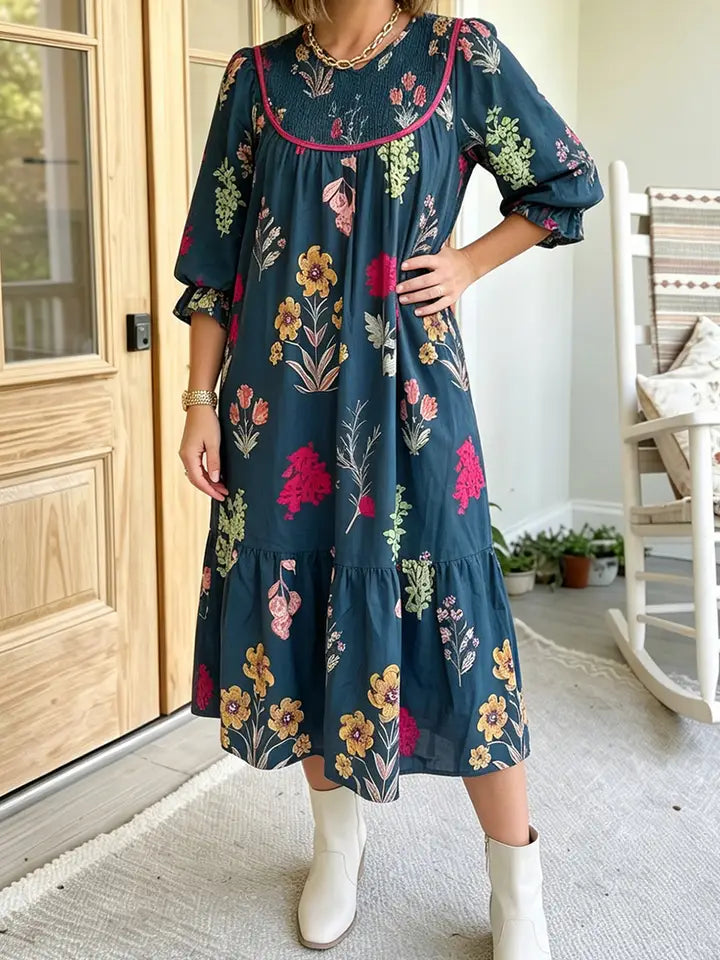 Floral Smocked 3/4 Sleeve Midi Dress