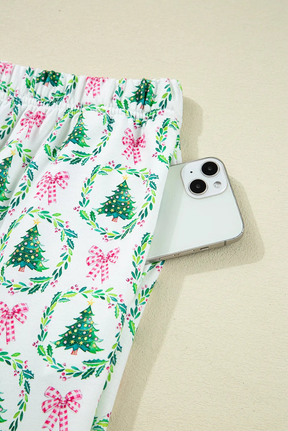 Green Bow Christmas Tree Print Contrast Striped Banding Lounge Set