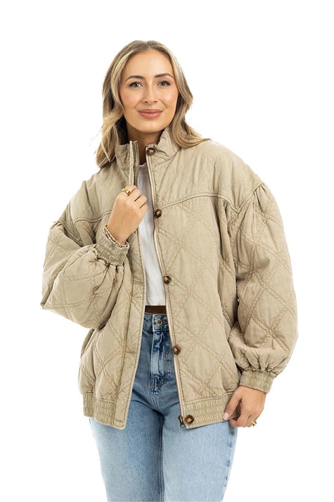 Beige Garment Washed Oversized Jacket
