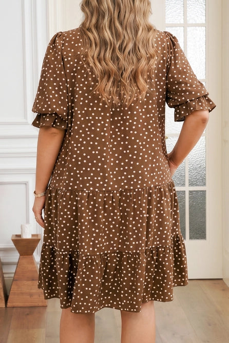 V Neck Polka Dot Long Sleeve Shift Plus Size Dress