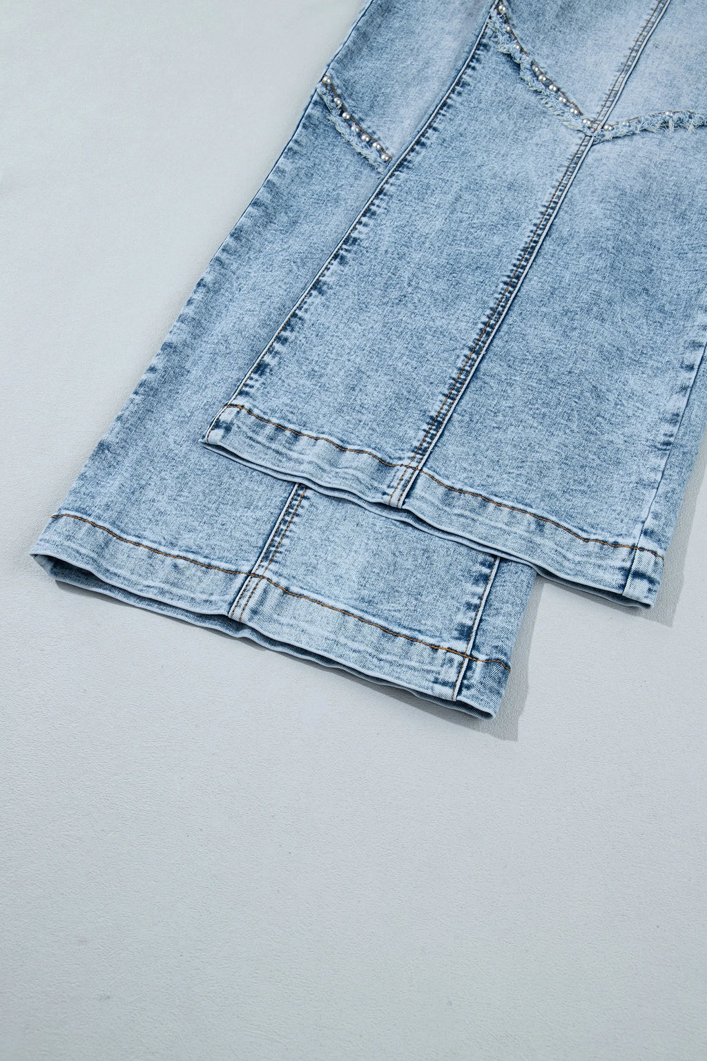 Beau Blue Frayed Studded Detail Wide Leg Pocketed Jeans