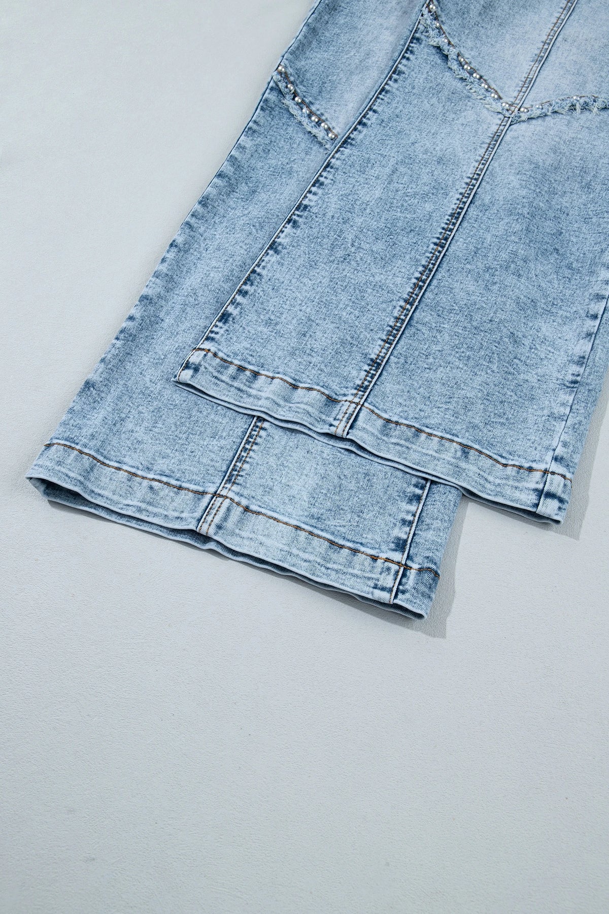 Beau Blue Frayed Studded Detail Wide Leg Pocketed Jeans
