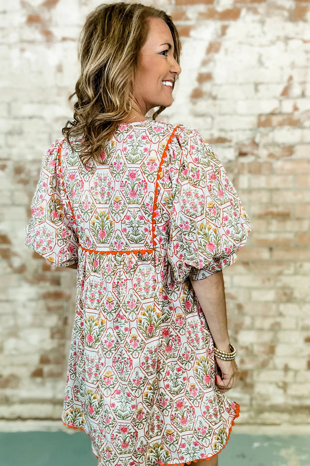 Pink Floral Print Tassel Tie V Neck Scalloped Dress