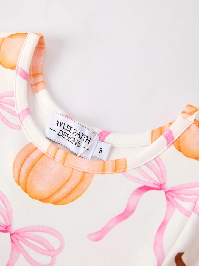 Fall Pumpkin Bow Print Long Sleeve Dress