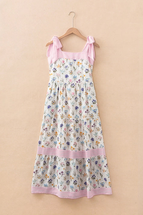 Floral Print Striped Detail Knot Straps Maxi Dress