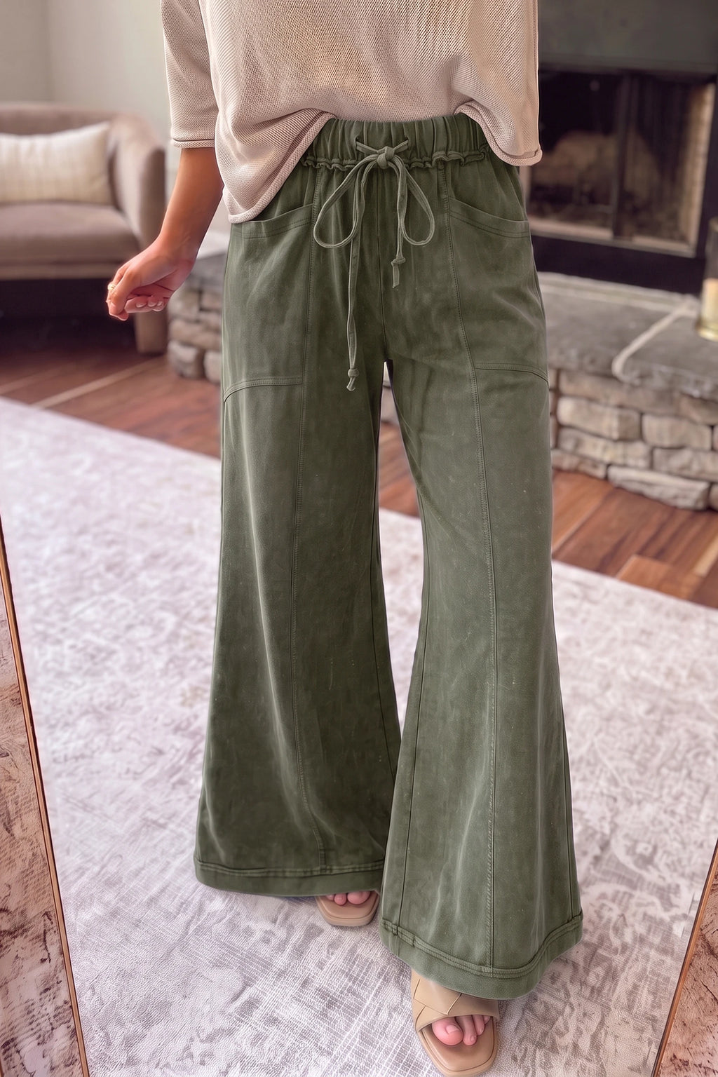 Jungle Green Mineral Wash Seam Detail Flare Leg Drawstring Pants