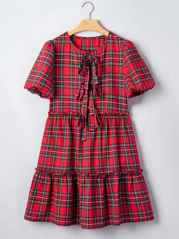 Plaid Bow Tie Neck Short Sleeve Ruffle Dress