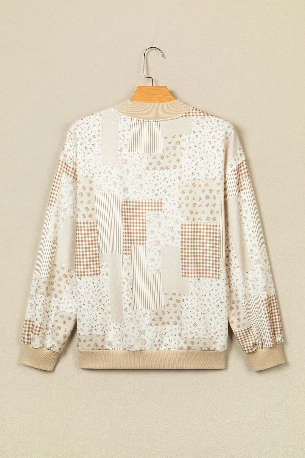 Khaki Patchwork Floral Print Mock Neck Long Sleeve Sweatshirt