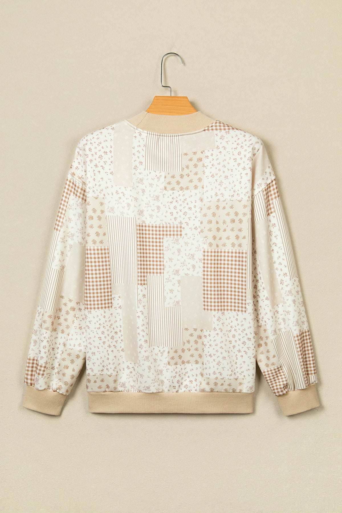 Khaki Patchwork Floral Print Mock Neck Long Sleeve Sweatshirt