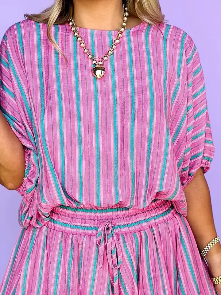 Pink Stripe Puff Sleeve Two Piece Shorts Set